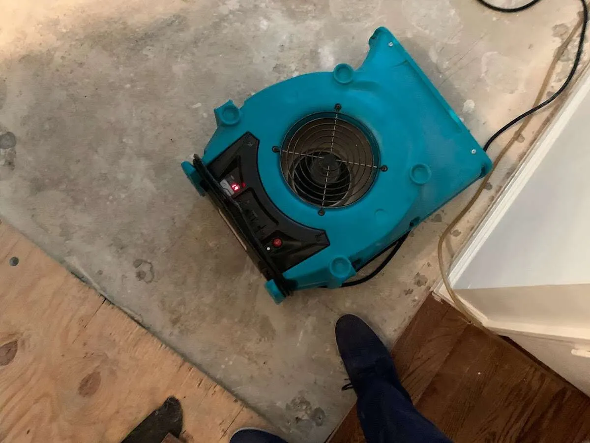 Air mover drying subfloor during Leak Detection & Repair in Fountain
